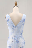 Blue Flower Cowl Neck Sheath Long Wedding Guest Dress