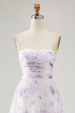 Tiered Lavender Flower A Line Strapless Pleated Bridesmaid Dress