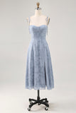 Dusty Blue A Line Midi Spaghetti Straps Wedding Guest Dress with Slit