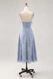 Dusty Blue A Line Midi Spaghetti Straps Wedding Guest Dress with Slit