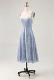 Dusty Blue A Line Midi Spaghetti Straps Wedding Guest Dress with Slit