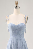 Dusty Blue A Line Midi Spaghetti Straps Wedding Guest Dress with Slit