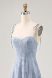 Dusty Blue A Line Midi Spaghetti Straps Wedding Guest Dress with Slit