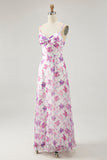 Purple Floral A Line Spaghetti Straps Printed Wedding Guest Dress