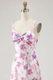 Purple Floral A Line Spaghetti Straps Printed Wedding Guest Dress