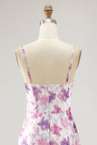 Purple Floral A Line Spaghetti Straps Printed Wedding Guest Dress