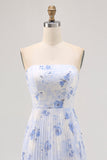Blue Floral A Line Strapless Pleated Long Bridesmaid Dress