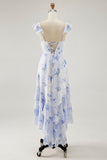 Blue Floral Printed A Line Ruffled Wedding Guest Dress
