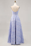 Blue A-Line Brocade Corset Long Prom Dress with Slit