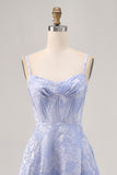 Blue A-Line Brocade Corset Long Prom Dress with Slit