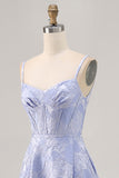 Blue A-Line Brocade Corset Long Prom Dress with Slit
