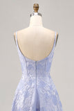 Blue A-Line Brocade Corset Long Prom Dress with Slit