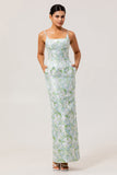 Blue Spaghetti Strap Satin Pastel Floral Long Bridesmaid Dress with Pockets