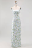 Blue Spaghetti Strap Satin Pastel Floral Long Bridesmaid Dress with Pockets