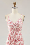 Blush Flower Pleated A Line Spaghetti Straps Wedding Guest Dress
