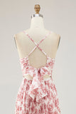 Blush Flower Pleated A Line Spaghetti Straps Wedding Guest Dress