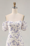 A Line Printed Blue Flower Long Wedding Guest Dress with Slit