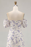 A Line Printed Blue Flower Long Wedding Guest Dress with Slit
