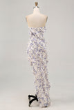 Blue Floral Sheath Strapless Ruffled Bridesmaid Dress