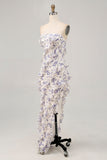 Blue Floral Sheath Strapless Ruffled Bridesmaid Dress