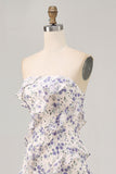 Blue Floral Sheath Strapless Ruffled Bridesmaid Dress