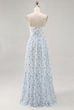 Blue Printed Floral Spaghetti Straps Cut Out Wedding Guest Dress