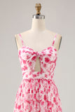 Blue Printed Floral Spaghetti Straps Cut Out Wedding Guest Dress