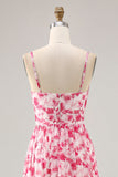 Blue Printed Floral Spaghetti Straps Cut Out Wedding Guest Dress
