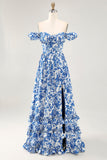Off The Shoulder Ruffled Printed Blue Wedding Guest Dress with Slit