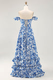 Off The Shoulder Ruffled Printed Blue Wedding Guest Dress with Slit