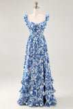 Off The Shoulder Ruffled Printed Blue Wedding Guest Dress with Slit