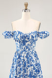 Off The Shoulder Ruffled Printed Blue Wedding Guest Dress with Slit