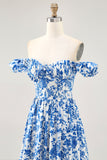 Off The Shoulder Ruffled Printed Blue Wedding Guest Dress with Slit