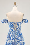 Off The Shoulder Ruffled Printed Blue Wedding Guest Dress with Slit