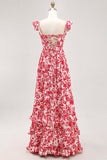 Off The Shoulder Ruffled Printed Blue Wedding Guest Dress with Slit