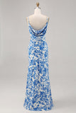 Blue Flower Cowl Neck Mermaid Long Wedding Guest Dress