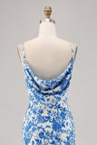 Blue Flower Cowl Neck Mermaid Long Wedding Guest Dress