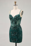 Dark Green Bodycon Backless Sheer Corset Homecoming Dress with Sequins