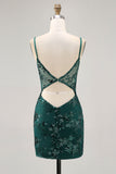 Dark Green Bodycon Backless Sheer Corset Homecoming Dress with Sequins