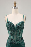 Dark Green Bodycon Backless Sheer Corset Homecoming Dress with Sequins