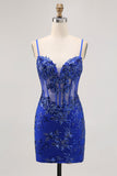 Dark Green Bodycon Backless Sheer Corset Homecoming Dress with Sequins