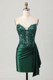 Sparkly Dark Green Strapless Corset Sequins Bodycon Homecoming Dress with Streamer
