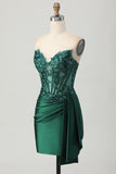 Sparkly Dark Green Strapless Corset Sequins Bodycon Homecoming Dress with Streamer