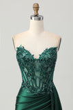 Sparkly Dark Green Strapless Corset Sequins Bodycon Homecoming Dress with Streamer