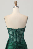 Sparkly Dark Green Strapless Corset Sequins Bodycon Homecoming Dress with Streamer