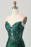 Sparkly Dark Green Strapless Corset Sequins Bodycon Homecoming Dress with Streamer