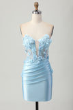 Sky Blue Satin Bodycon Strapless Sequins Short Homecoming Dress with Appliques