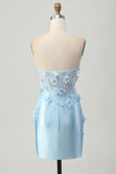 Sky Blue Satin Bodycon Strapless Sequins Short Homecoming Dress with Appliques