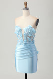 Sky Blue Satin Bodycon Strapless Sequins Short Homecoming Dress with Appliques