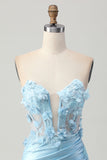 Sky Blue Satin Bodycon Strapless Sequins Short Homecoming Dress with Appliques
